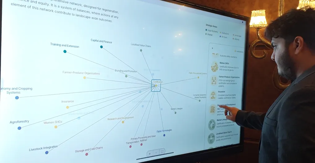 An attendee engaging with the interactive network diagram on a large TV screen.
