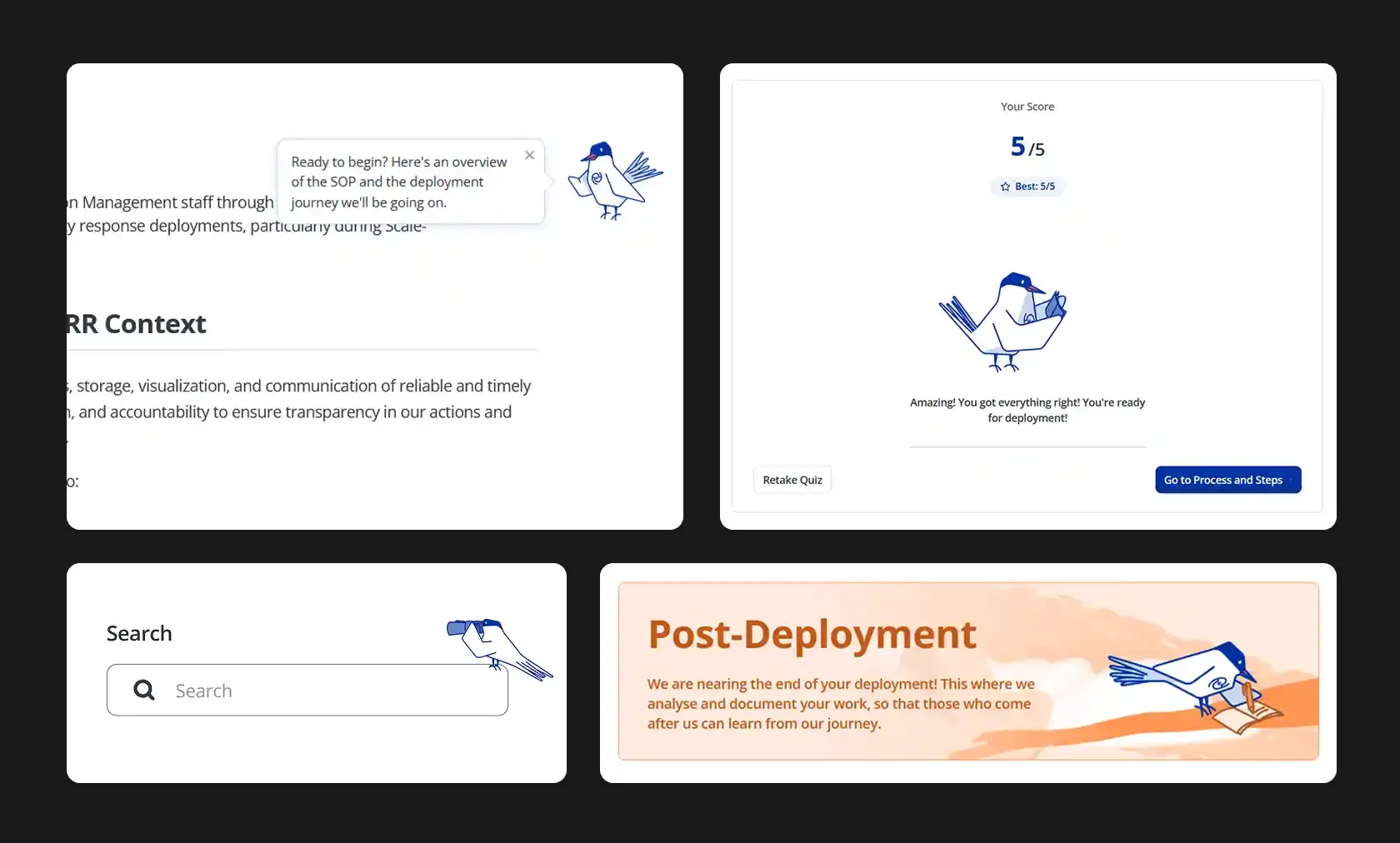 The bird character in different parts of the website- giving tips, talking to the user, introducing sections