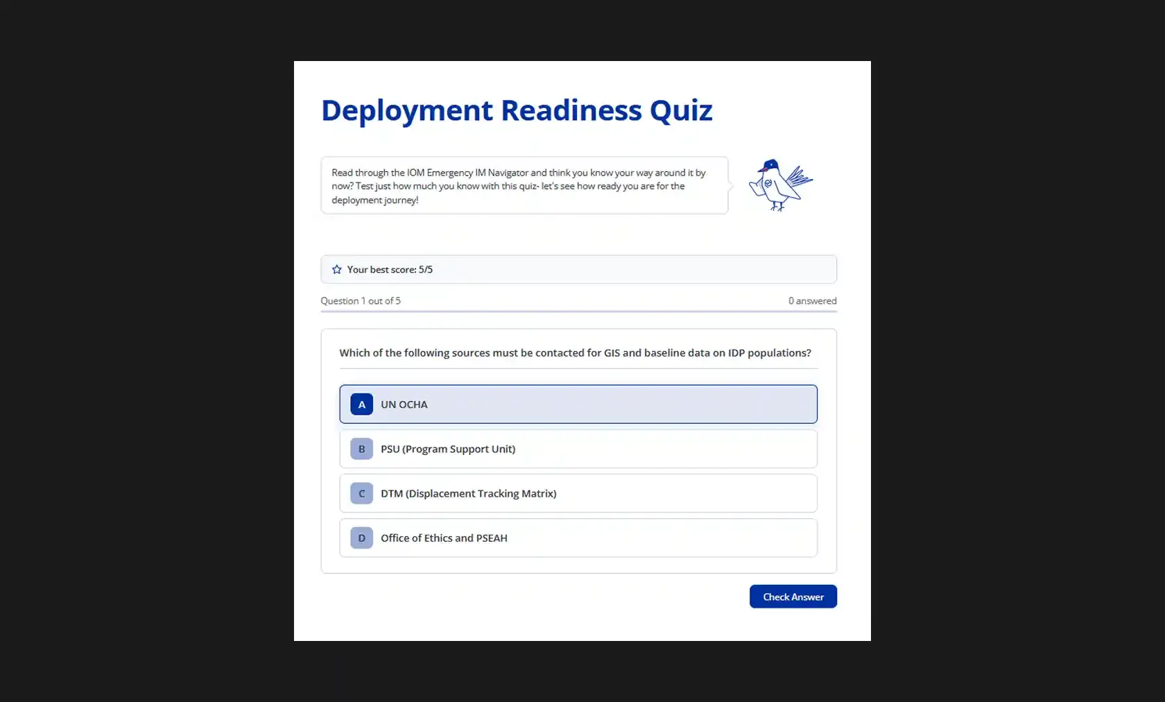 Quiz screen with the bird character on top introducing the quiz, followed by a single-choice question below it