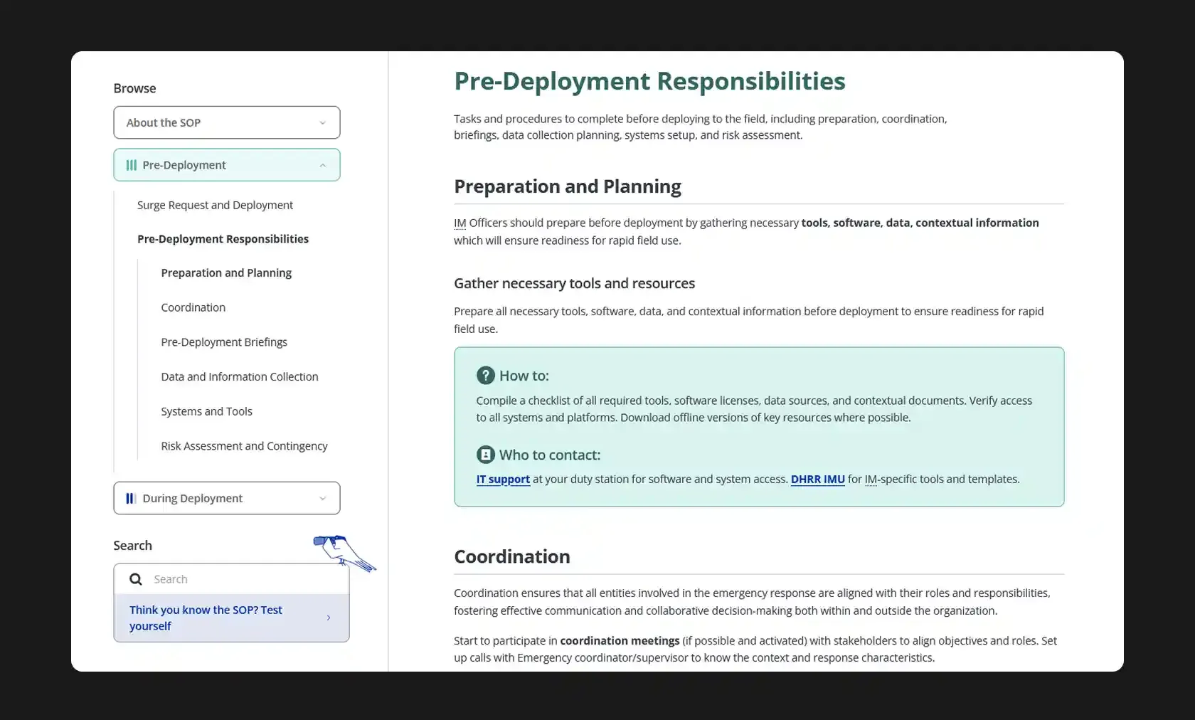 Screenshot showing wiki-style layout of the main contents of the section page